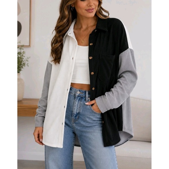 Tops - NWT Oversized Color Block Ribbed Button Front Shirt L Long Sleeve Black White